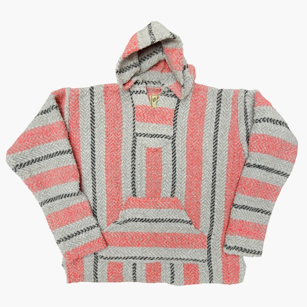 Baja Joe Drug Rug Hoodie Mens S Pink Grey Striped Mexican Pullover Surf Hippie
